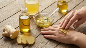 Mano che applica un preparato a base di zenzero e olio d'oliva su un piano in legno
