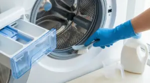 Mano con guanto blu pulisce il cestello di una lavatrice con una spazzola