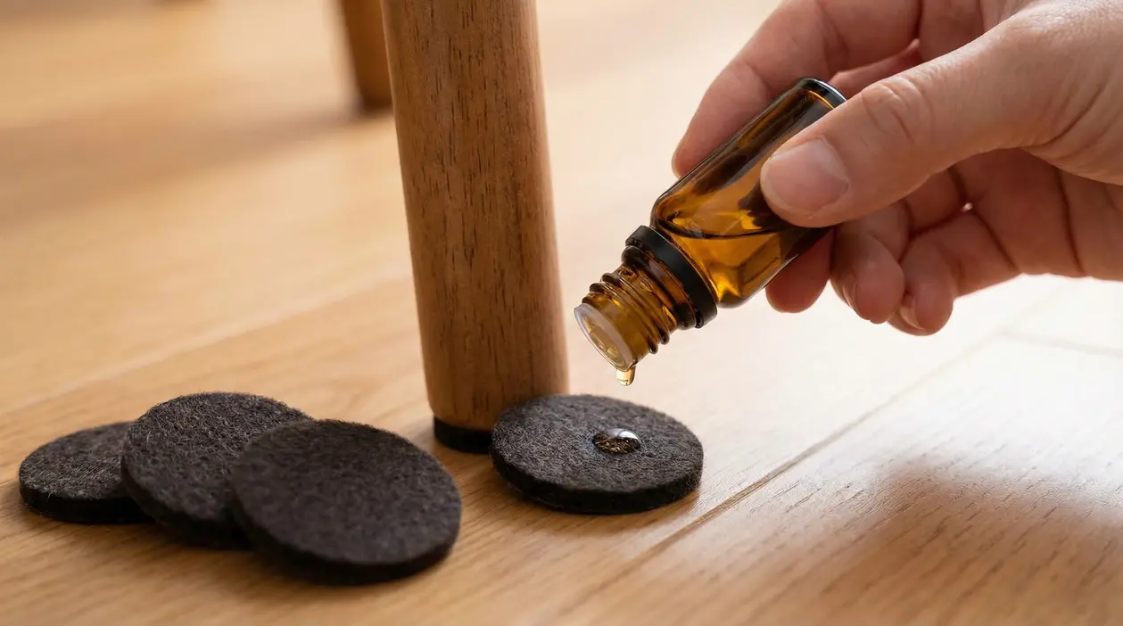 Mano che versa olio essenziale su un feltrino per sedia su pavimento in legno