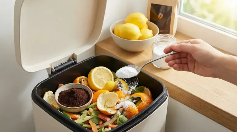 Mano che versa bicarbonato nella pattumiera con scarti alimentari e agrumi