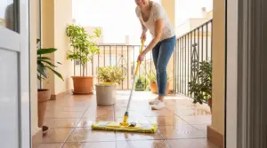 Persona che pulisce il pavimento di un balcone con un mocio e un secchio