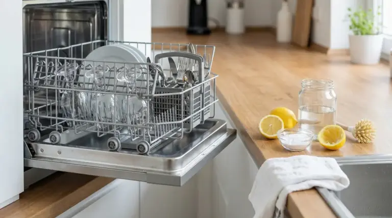 Lavastoviglie aperta con piatti puliti e ingredienti naturali per la pulizia sul piano cucina