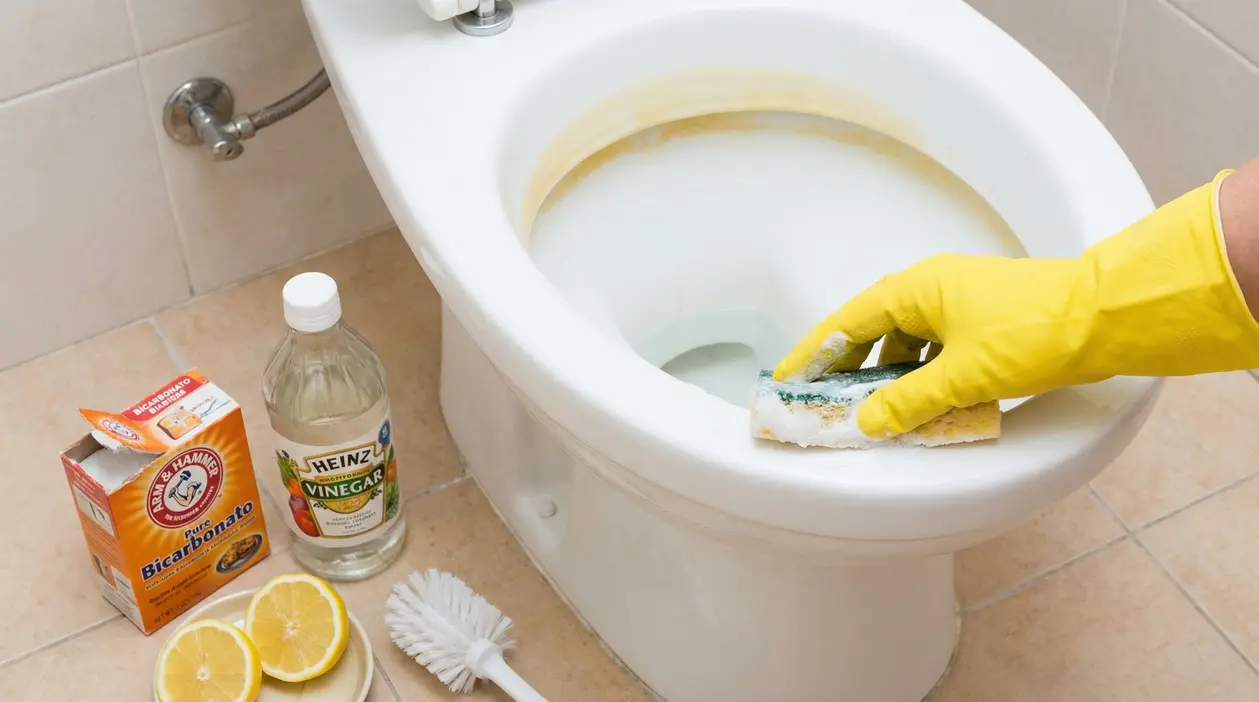 Mano con guanto giallo pulisce il fondo ingiallito del water con bicarbonato e limone