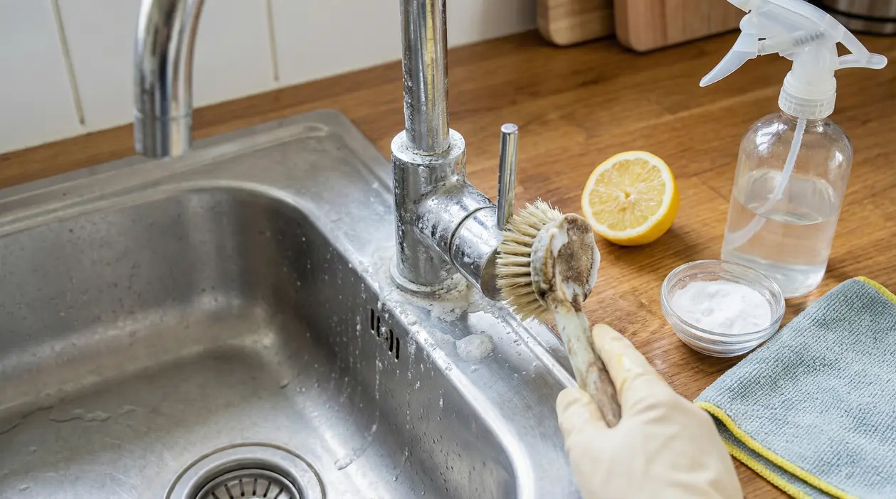 Una mano pulisce il rubinetto del lavello in acciaio con uno spazzolino e ingredienti naturali