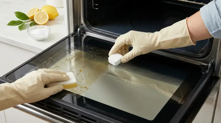 Due persone puliscono la porta di un forno con guanti e spugne