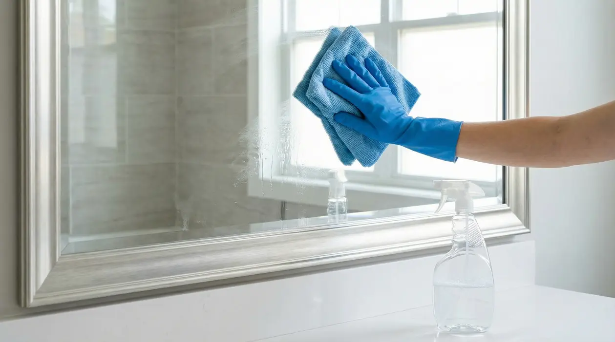 Persona con guanti blu pulisce uno specchio del bagno con un panno in microfibra
