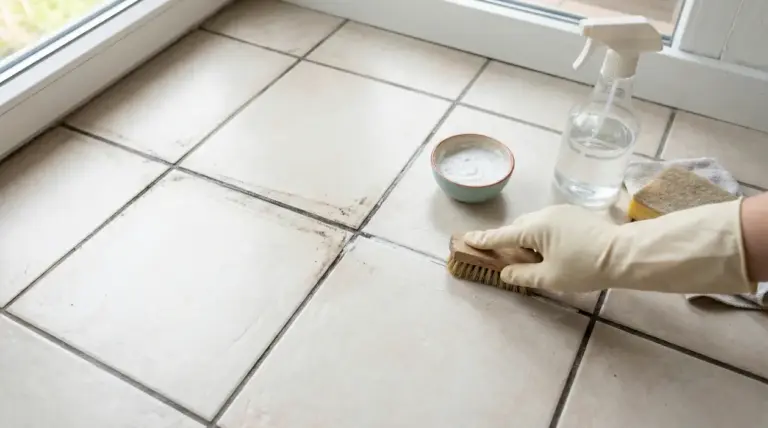 Persona che pulisce le fughe nere delle piastrelle con una spazzola e prodotti naturali