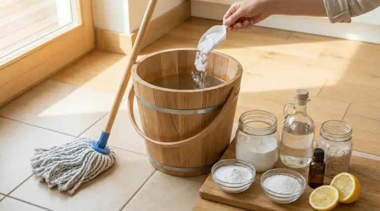 Ingredienti naturali per pulire i pavimenti, tra cui bicarbonato, limone e aceto, accanto a un secchio e uno straccio