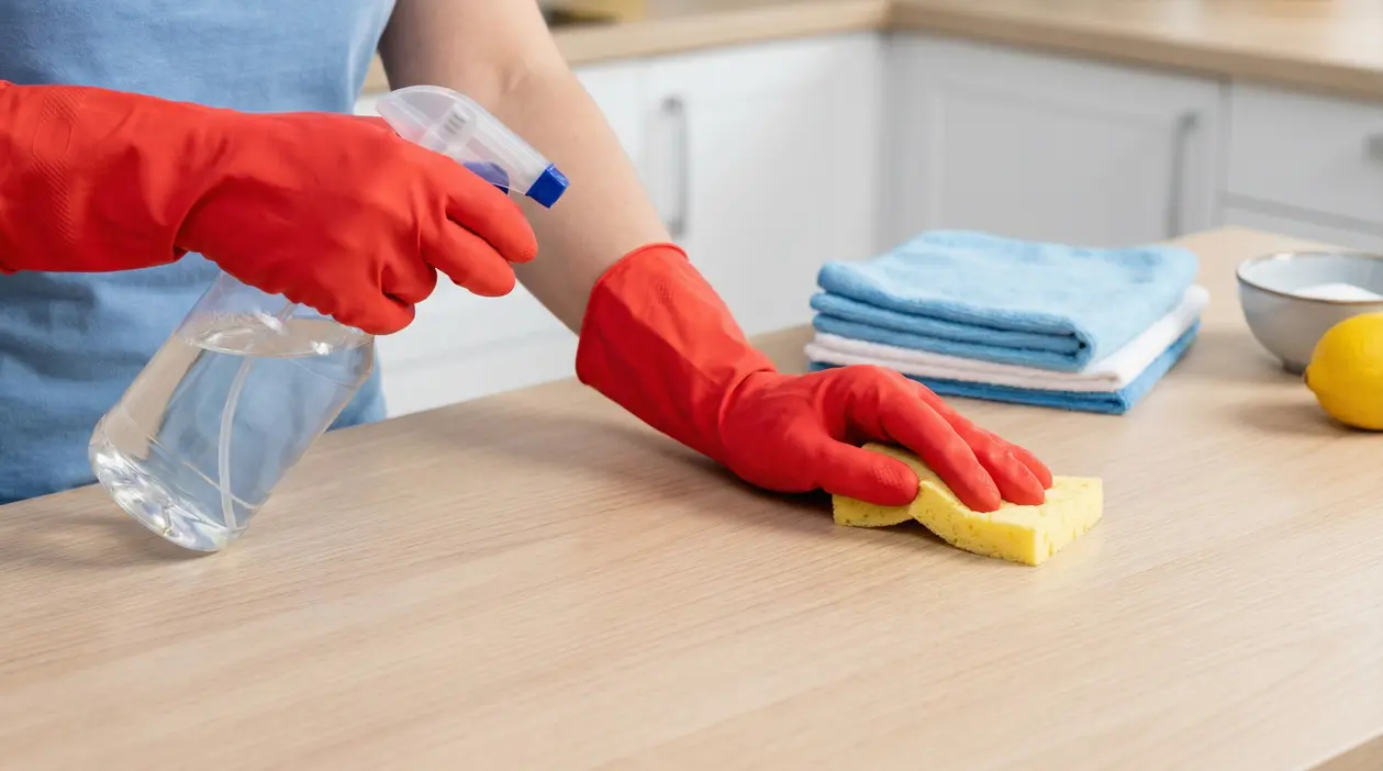 Persona con guanti rossi pulisce una superficie in laminato con una spugna e spray