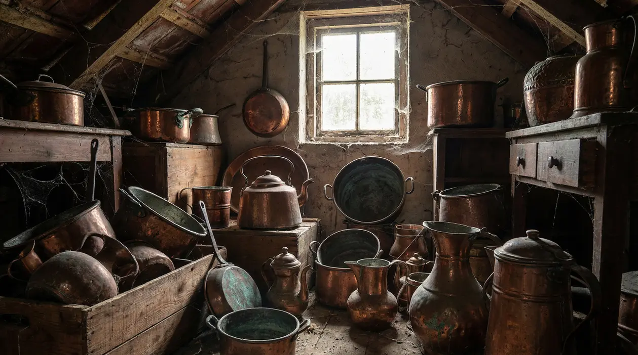Vecchi oggetti in rame impolverati conservati in una soffitta sotto un lucernario.