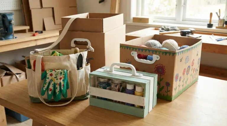 Scatole e contenitori creativi con manici di plastica riutilizzati su un tavolo da lavoro