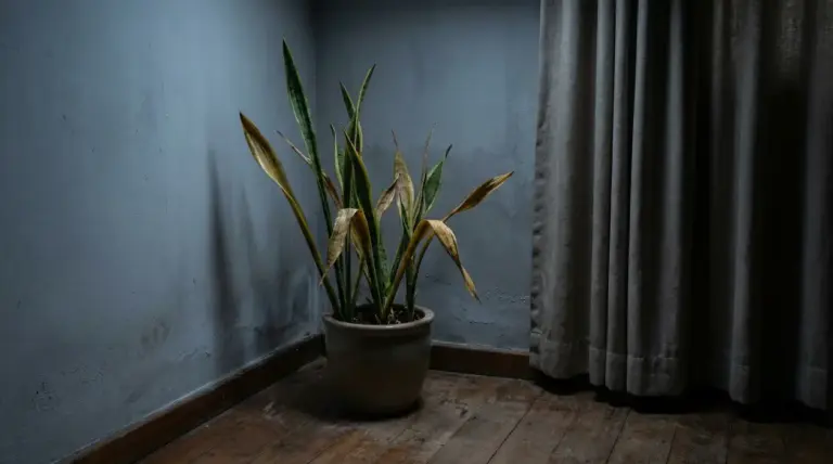 Sansevieria in un angolo buio della casa con foglie ingiallite