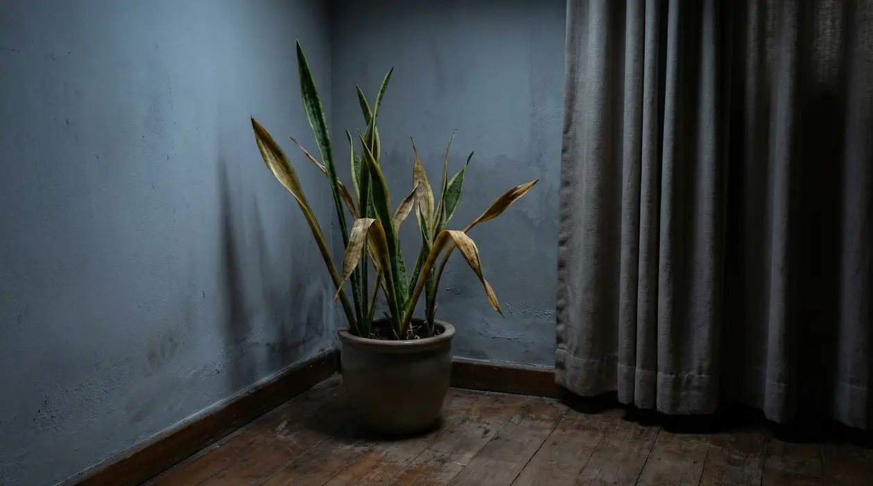 Sansevieria in un angolo buio della casa con foglie ingiallite