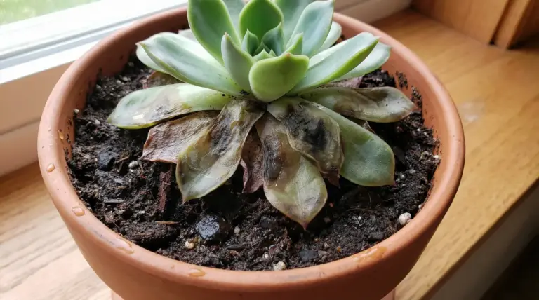 Pianta grassa in vaso con foglie inferiori marce vicino a una finestra.