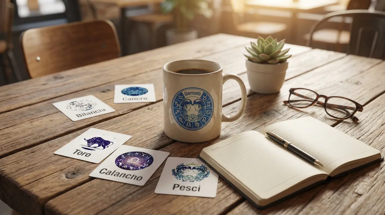 Tazza con simbolo zodiacale dei Gemelli su tavolo con carte astrologiche, taccuino e occhiali.