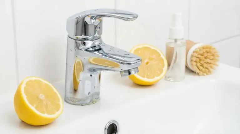 Rubinetto con calcare su un lavandino, limoni tagliati, spray e spazzola per pulizia