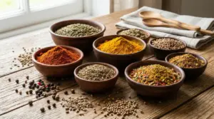 Varie spezie colorate in ciotole di legno su un tavolo rustico