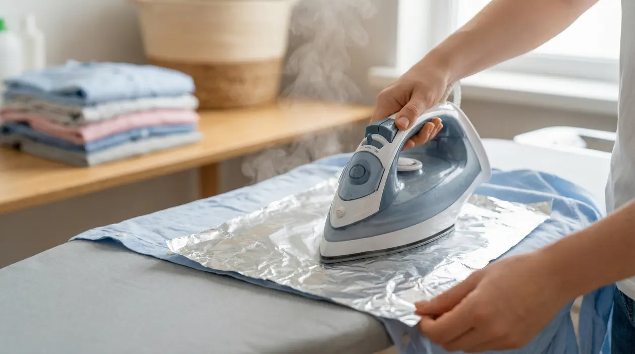 Persona che stira una camicia con un ferro da stiro sopra un foglio di alluminio