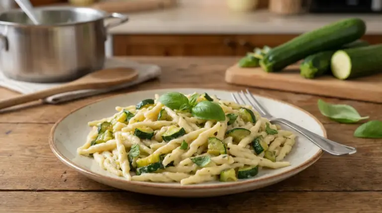 Piatto di trofie con zucchine e foglie di basilico su tavolo rustico