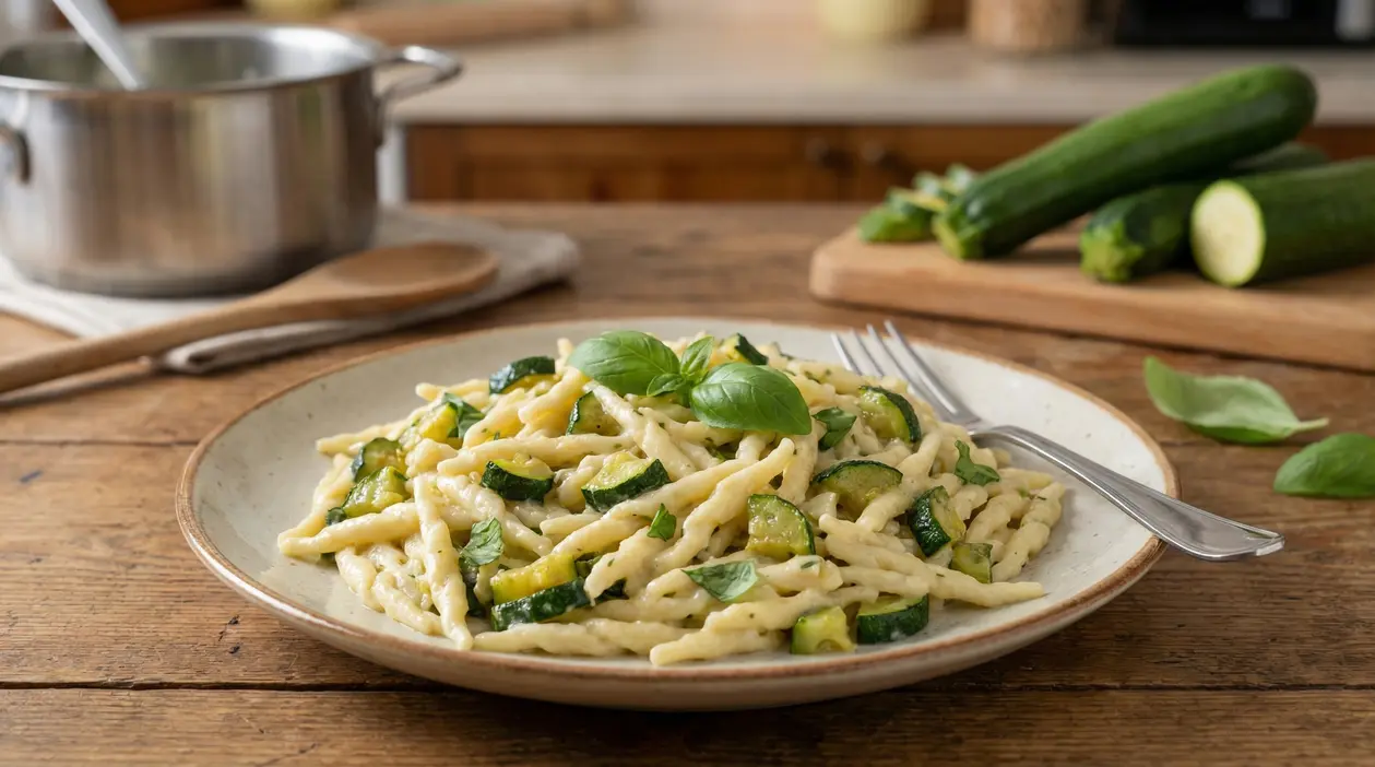 Piatto di trofie con zucchine e foglie di basilico su tavolo rustico