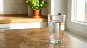 Mosca posata su un bicchiere d'acqua in una cucina illuminata dalla luce naturale