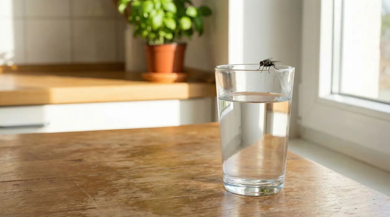 Mosca posata su un bicchiere d'acqua in una cucina illuminata dalla luce naturale
