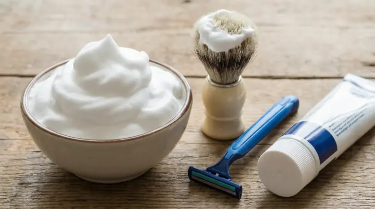 Ciotola di schiuma da barba con rasoio, pennello e tubo su superficie in legno