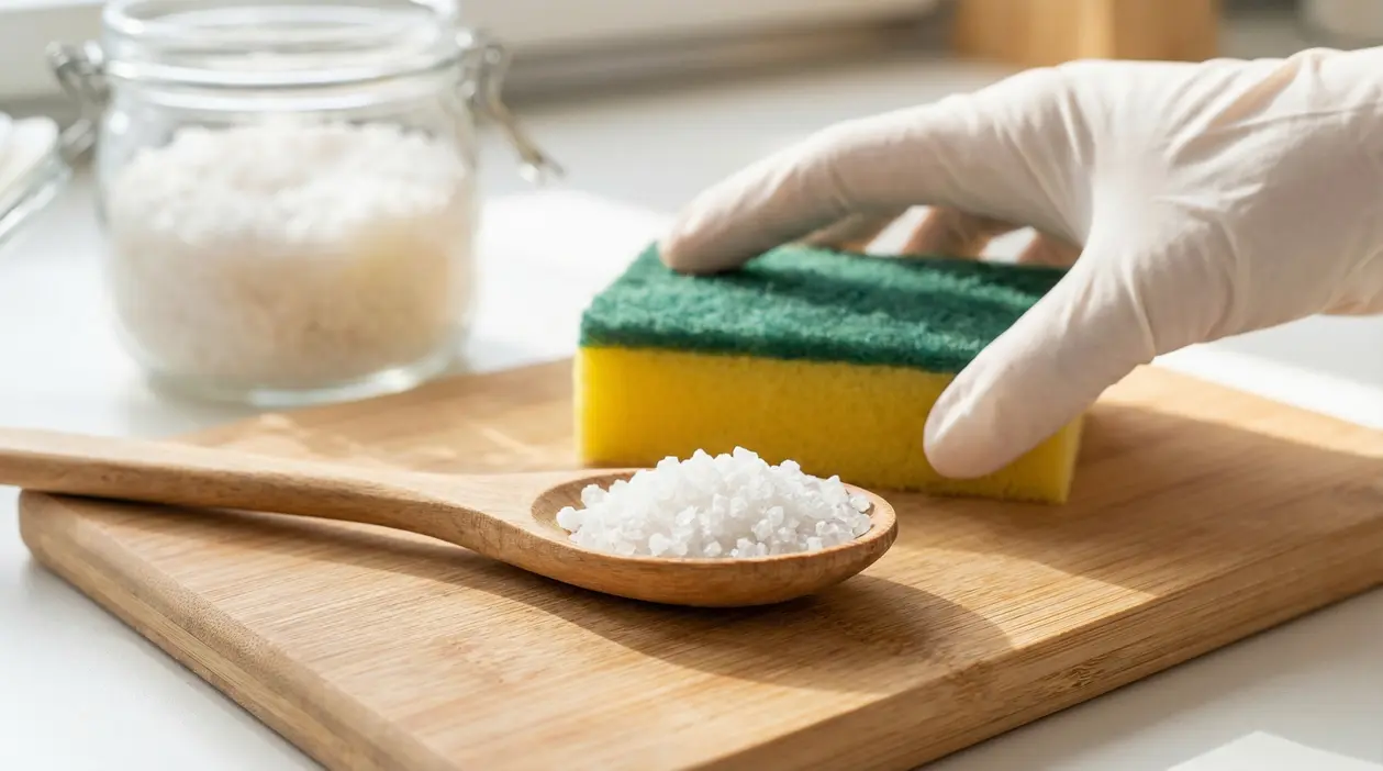 Cucchiaio di legno con sale grosso vicino a una spugna per pulizie su un tagliere
