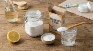 Ingredienti naturali su un tavolo di legno, tra cui bicarbonato di sodio, limone e aceto.