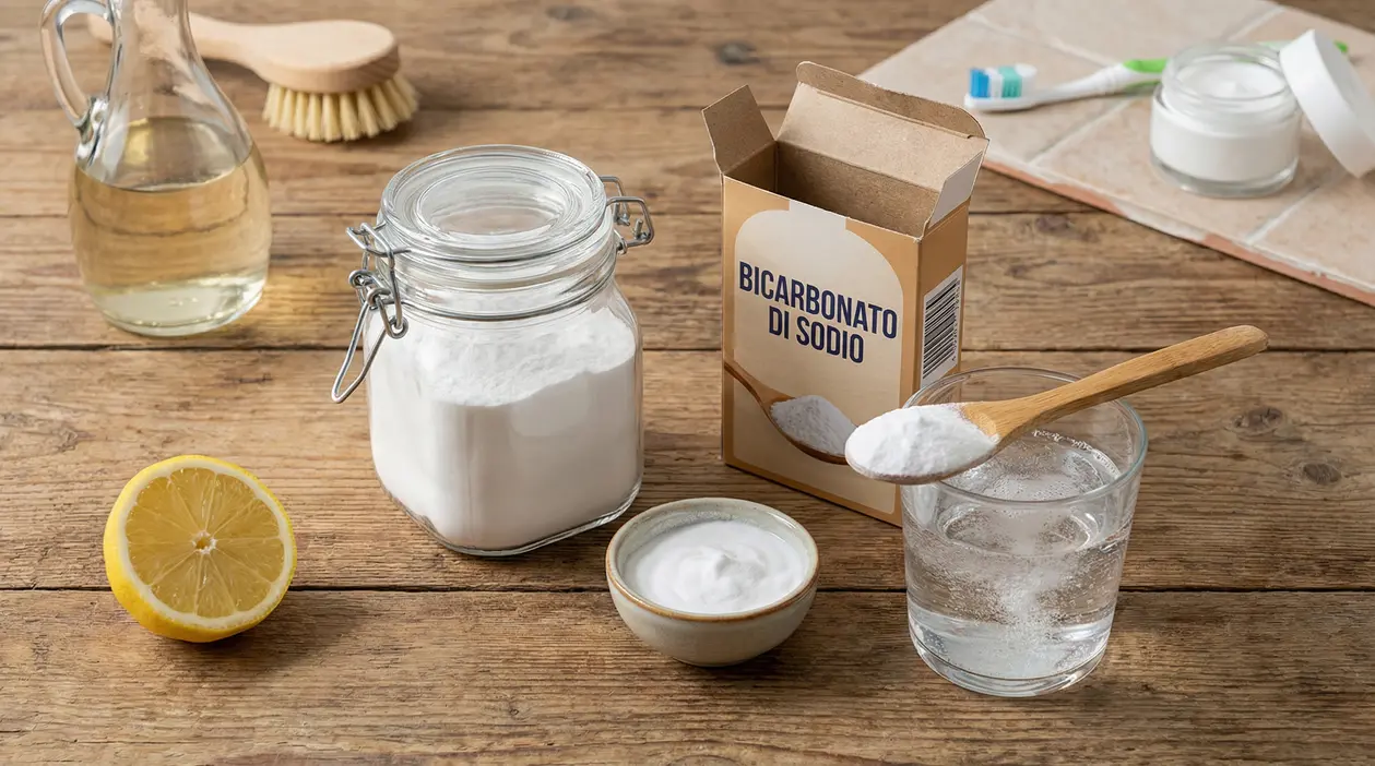 Ingredienti naturali su un tavolo di legno, tra cui bicarbonato di sodio, limone e aceto.