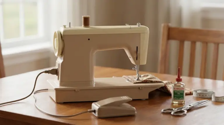 Macchina da cucire vintage su un tavolo con accessori da cucito